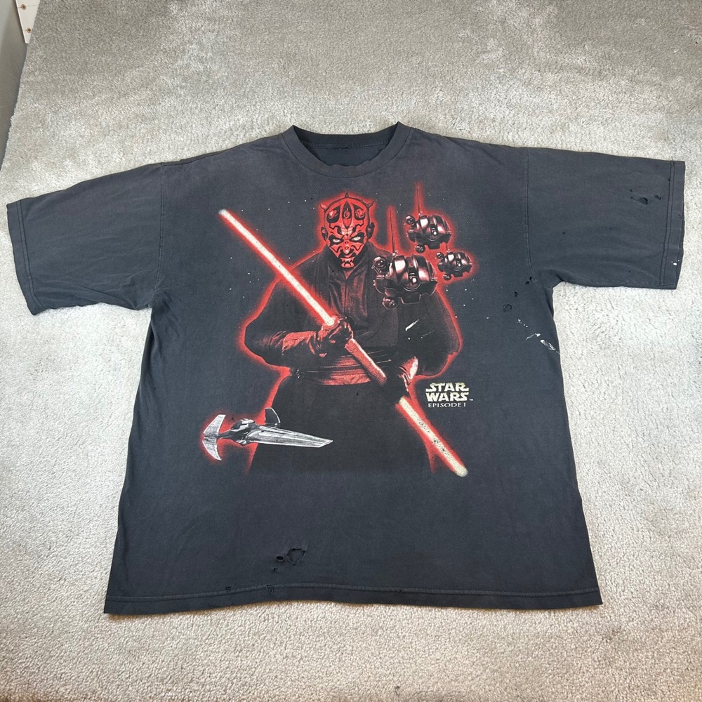 Vintage Star Wars Darth Maul T-Shirt Mens XL Faded Black Episode 1 Distressed